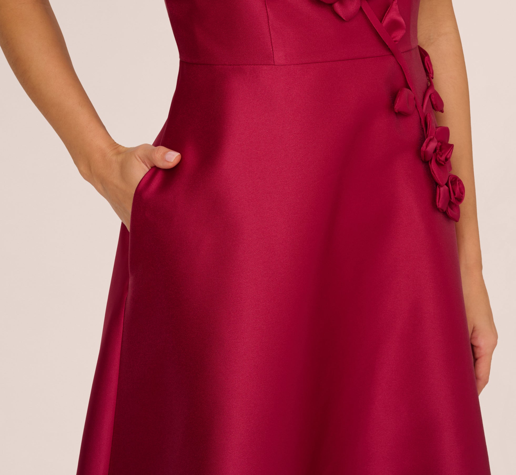 Red Plum Sleeveless 3D Flower Mikado Midi Dress