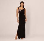 Sleeveless Asymmetrical Floral Beaded Jersey Gown In Black Multi 2