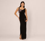 Sleeveless Asymmetrical Floral Beaded Jersey Gown In Black Multi 1
