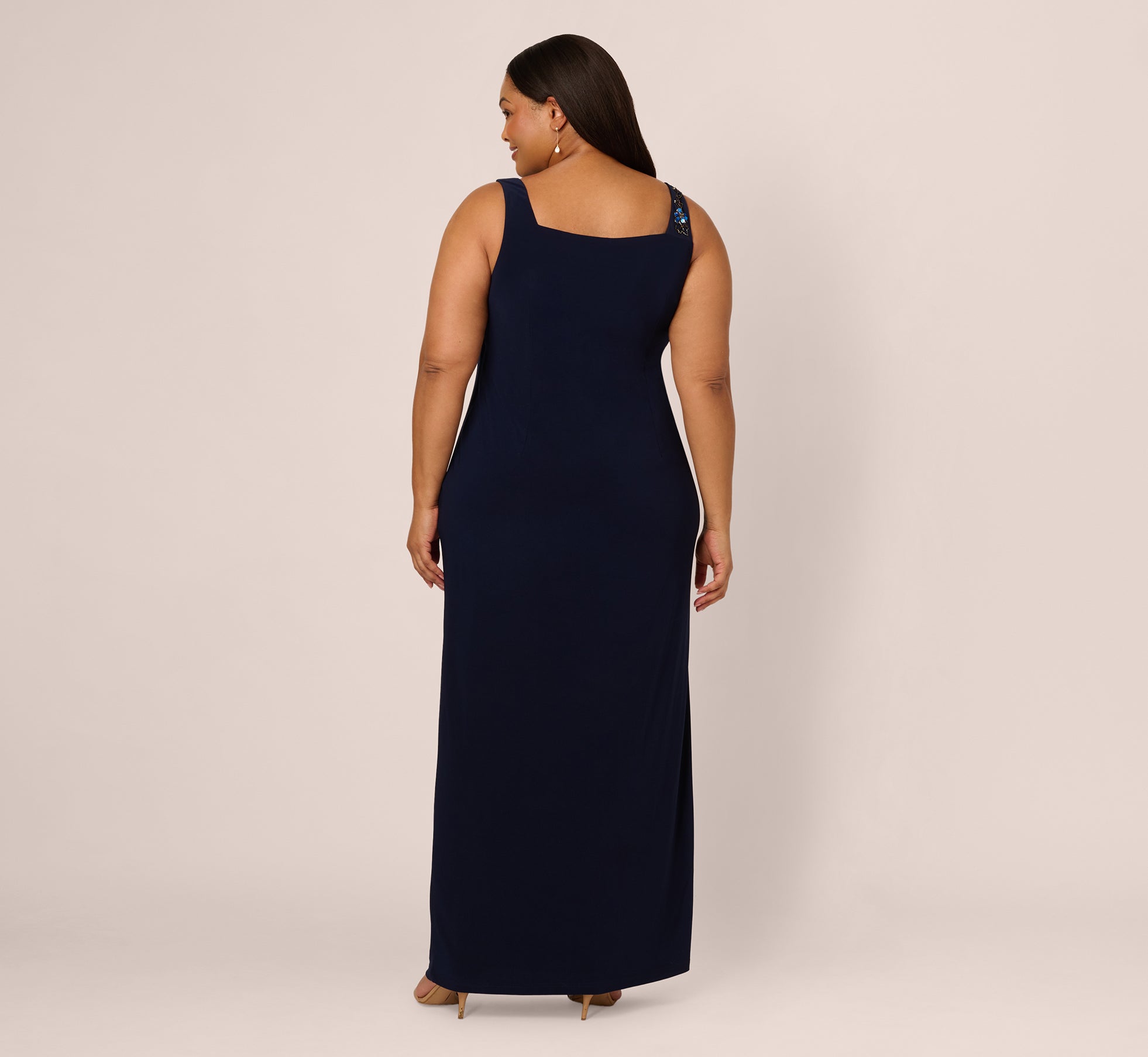 Navy Plus Size Sleeveless Asymmetrical Floral Beaded Jersey Gown - Adrianna Papell Navy Plus Size Sleeveless Asymmetrical Floral Beaded Jersey Gown - Adrianna Papell