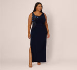 Plus Size Sleeveless Asymmetrical Floral Beaded Jersey Gown In Midnight Multi 2