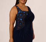 Plus Size Sleeveless Asymmetrical Floral Beaded Jersey Gown In Midnight Multi 3