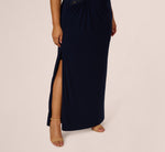 Plus Size Sleeveless Asymmetrical Floral Beaded Jersey Gown In Midnight Multi 4