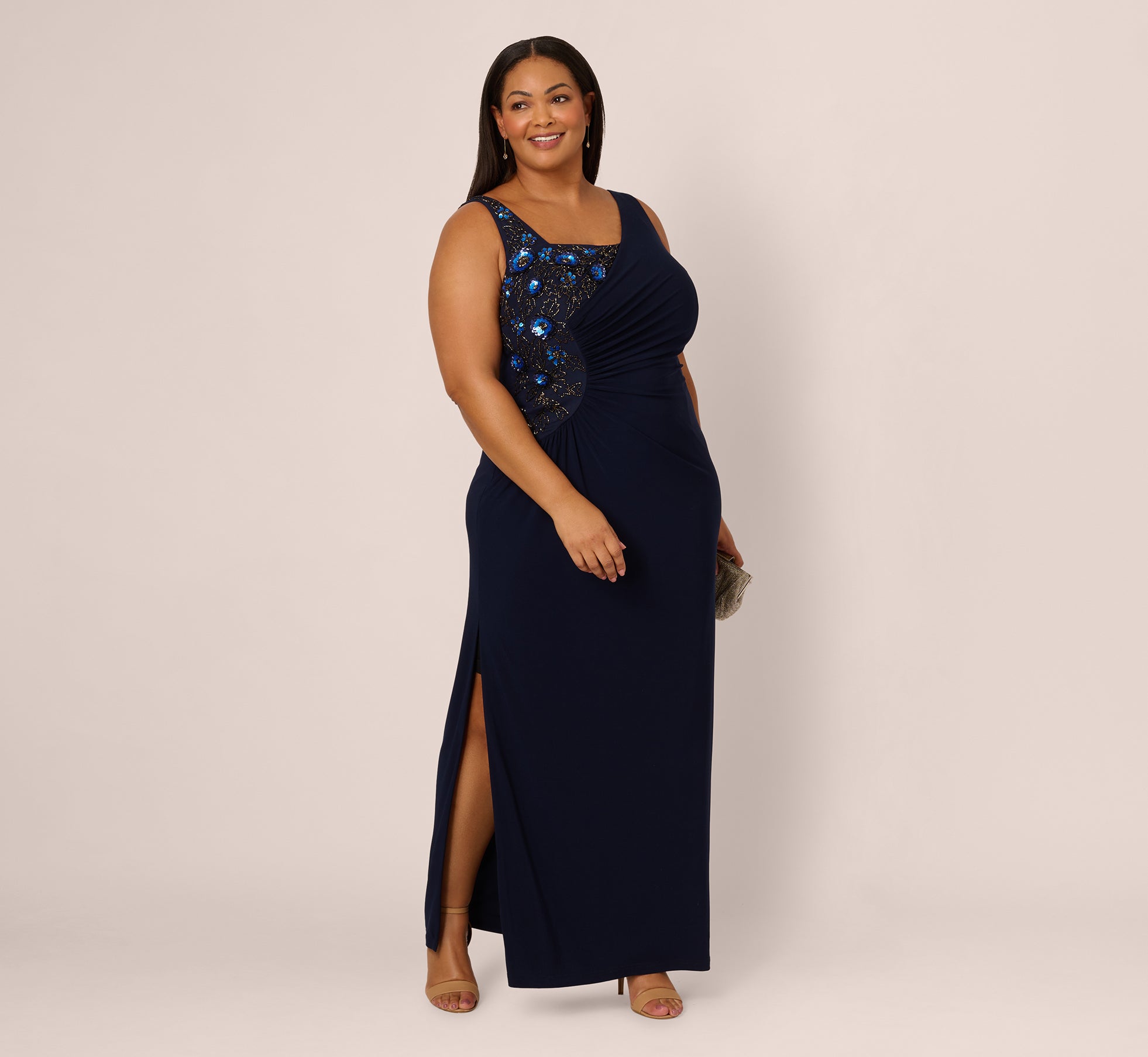 Plus Size Sleeveless Asymmetrical Floral Beaded Jersey Gown In Midnigh ...