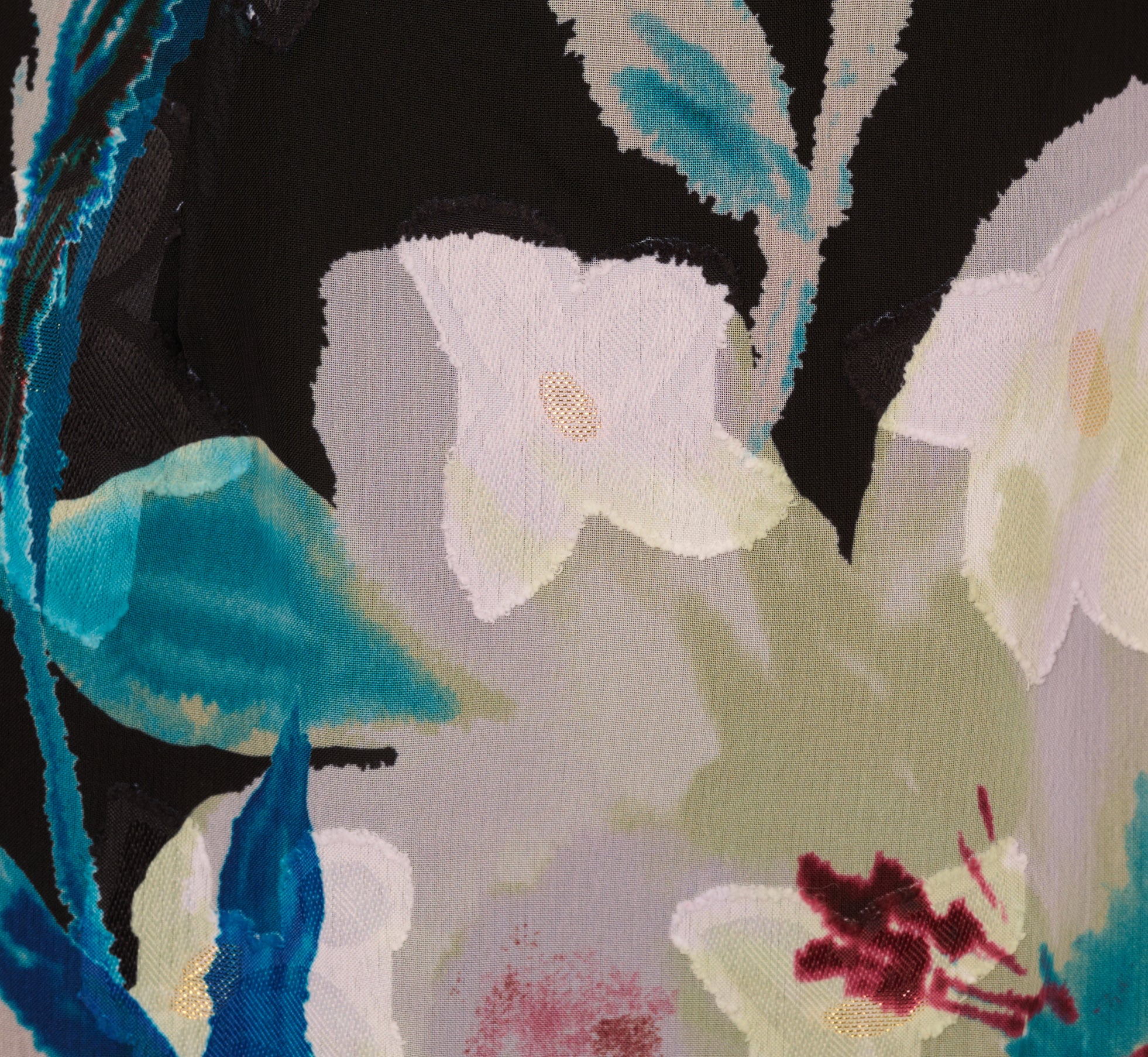 Sleeveless Floral Chiffon High Low Ruffle Gown In Black Multi 1