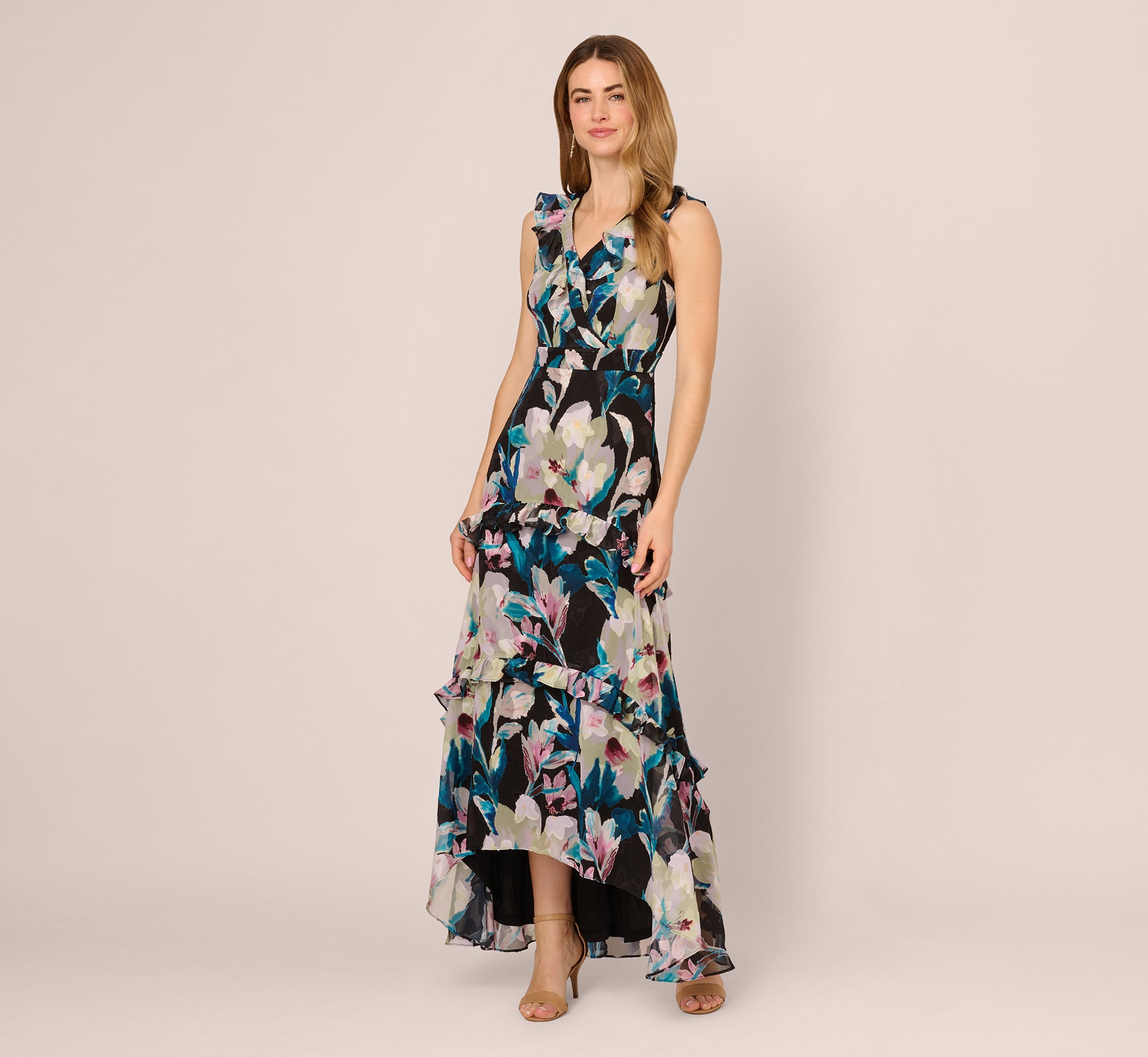 Sleeveless Floral Chiffon High Low Ruffle Gown in Black Multi Sleeveless Floral Chiffon High Low Ruffle Gown in Black Multi