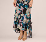 Sleeveless Floral Chiffon High Low Ruffle Gown In Black Multi 4
