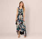Sleeveless Floral Chiffon High Low Ruffle Gown In Black Multi 1