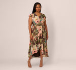 Plus Size Flutter Sleeve High Low Midi Wrap Dress In Brown Multi 2
