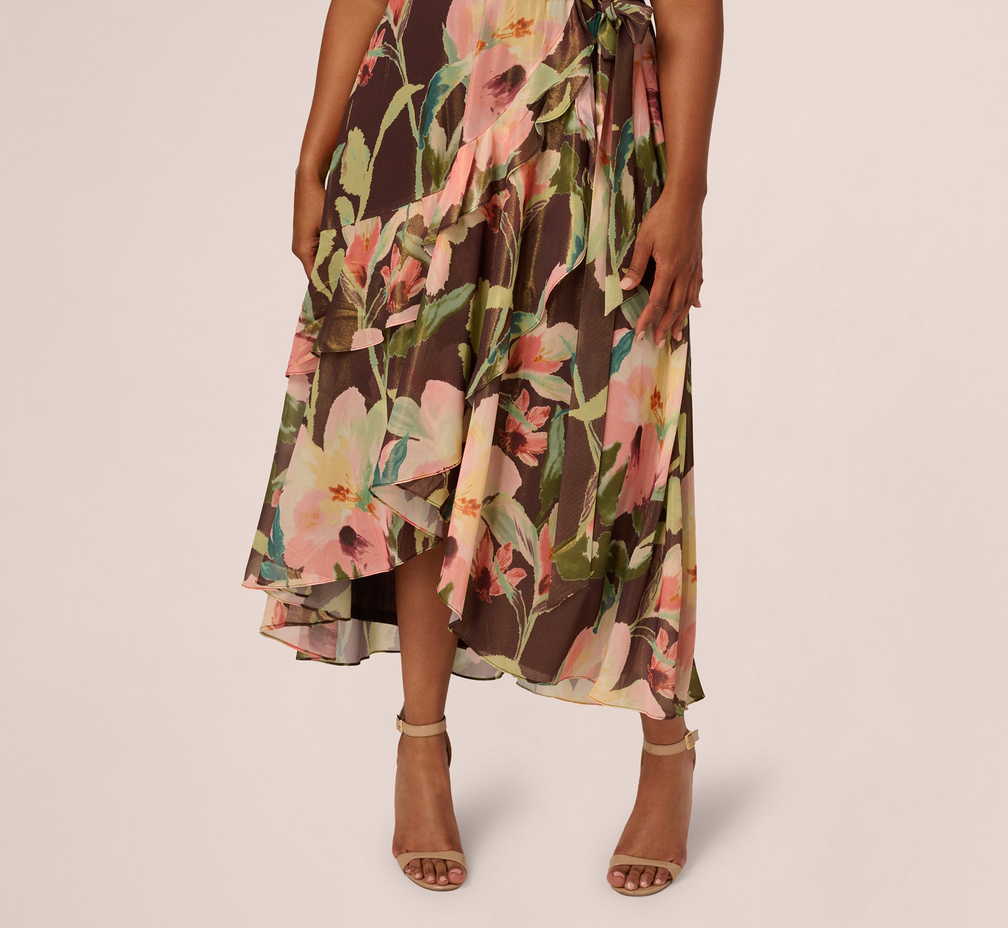 Brown Plus Size Flutter Sleeve High Low Midi Wrap Dress
