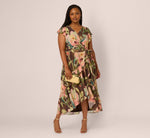 Plus Size Flutter Sleeve High Low Midi Wrap Dress In Brown Multi 1