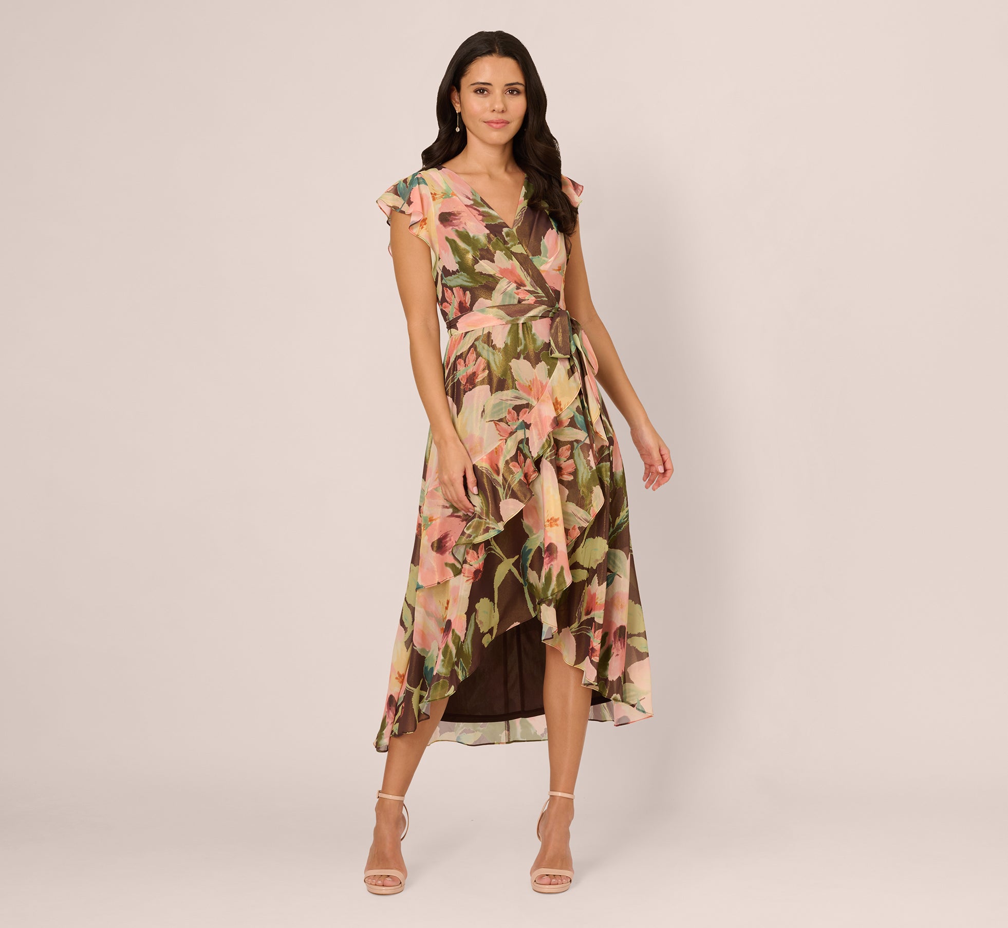 flutter sleeve faux wrap midi dress Adrianna Papell Flutter Sleeve High Low Midi Wrap Dress