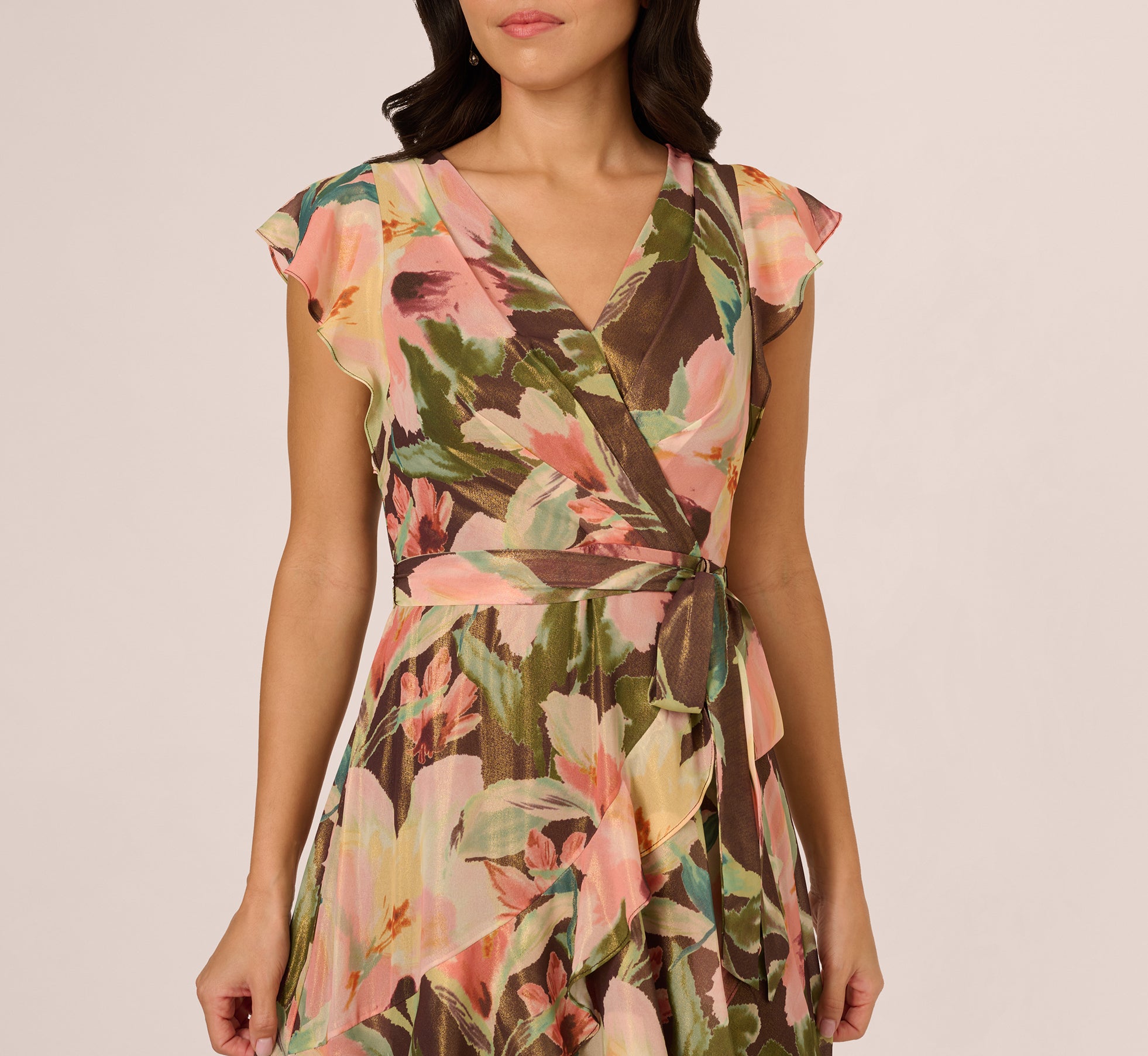 Brown Flutter Sleeve High Low Midi Wrap Dress - Adrianna Papell Brown Flutter Sleeve High Low Midi Wrap Dress - Adrianna Papell