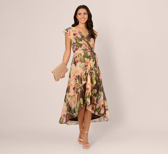 Adrianna Papell Flutter Sleeve High Low Midi Wrap Dress - Brown Multi Adrianna Papell Flutter Sleeve High Low Midi Wrap Dress - Brown Multi