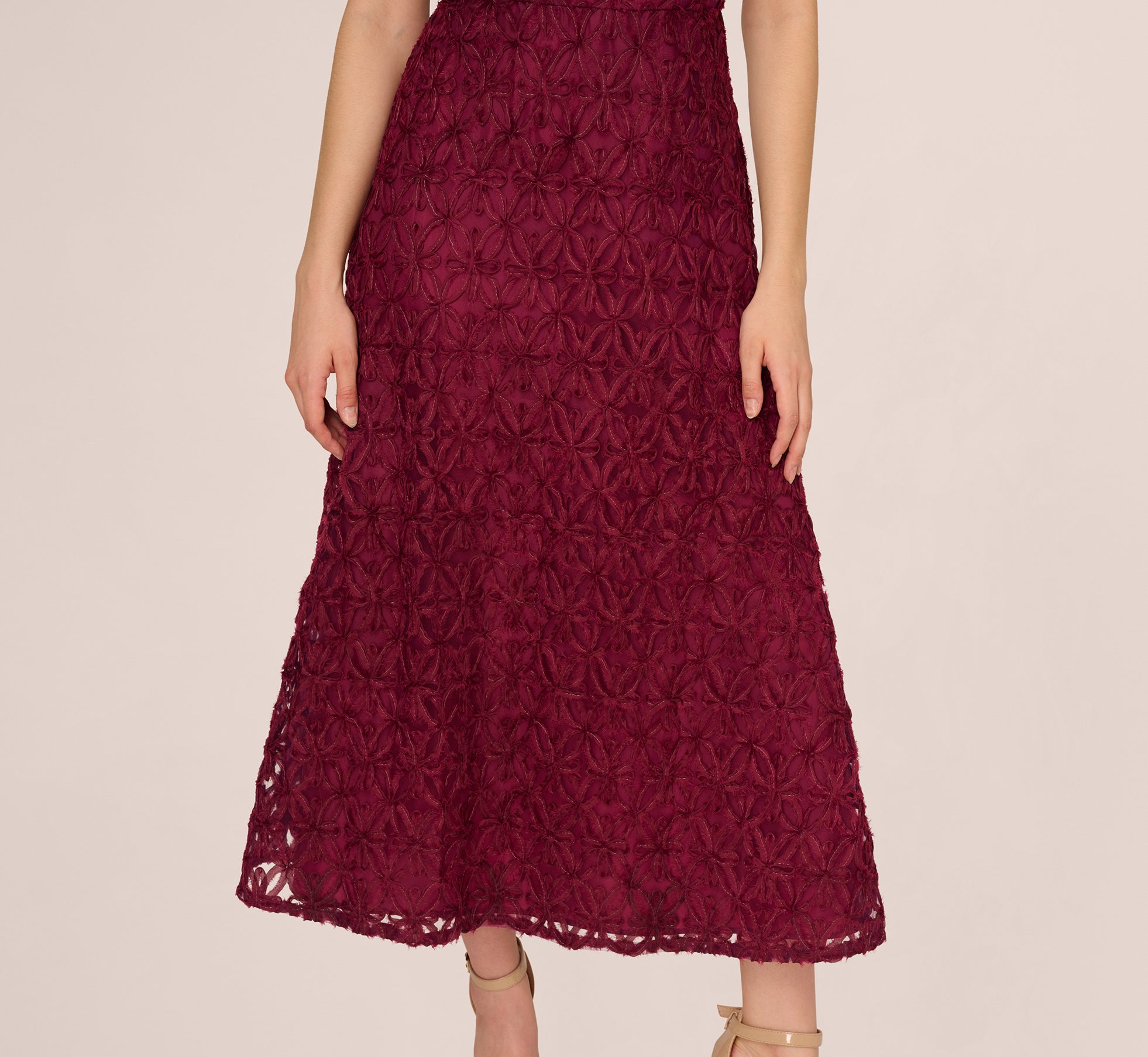 RED Sleeveless Soutache Embroidered Midi Dress - Adrianna Papell RED Sleeveless Soutache Embroidered Midi Dress - Adrianna Papell