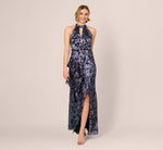 Crinkle Metallic Keyhole Halter Ruffle Gown In Navy 2