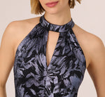 Crinkle Metallic Keyhole Halter Ruffle Gown In Navy 3