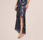 Crinkle Metallic Keyhole Halter Ruffle Gown In Navy 4