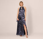 Crinkle Metallic Keyhole Halter Ruffle Gown In Navy 1