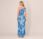 One Shoulder Floral Chiffon Draped Gown In Blue Multi 5