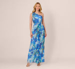 One Shoulder Floral Chiffon Draped Gown In Blue Multi 2