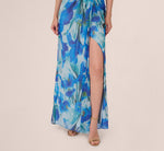 One Shoulder Floral Chiffon Draped Gown In Blue Multi 4