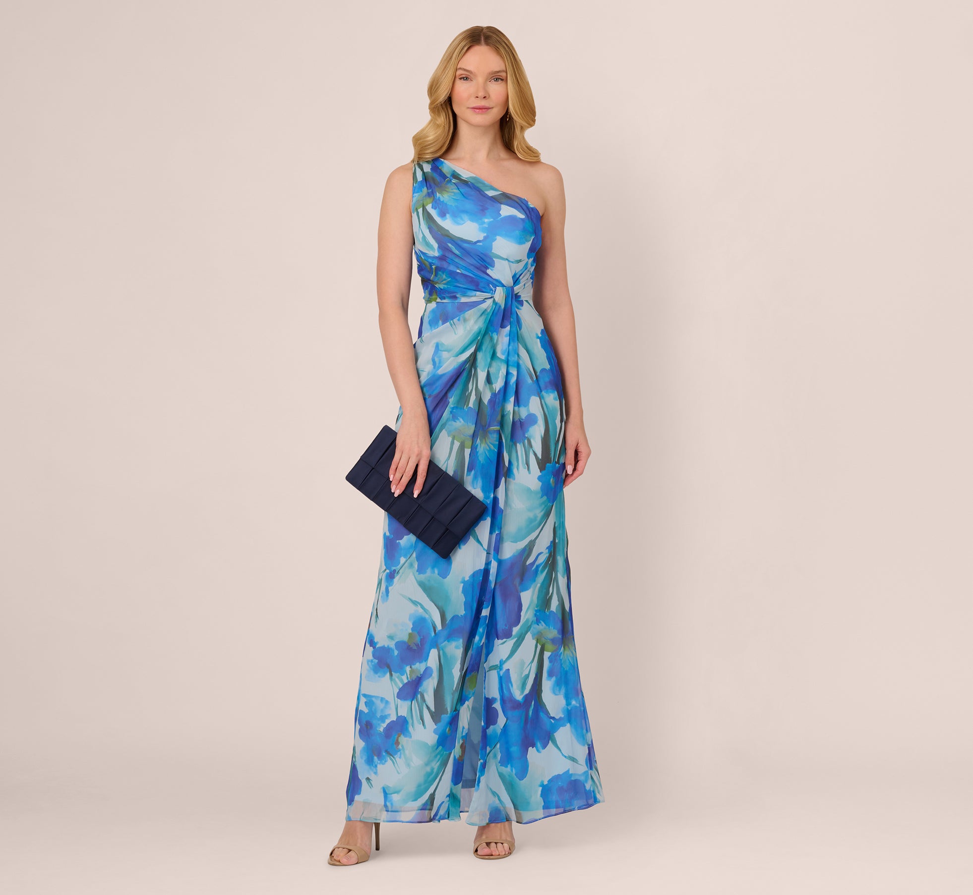One Shoulder Floral Chiffon Draped Gown In Blue Multi 1