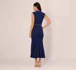 Sleeveless Mock Neck Pearly Midi Dress In Navy Sateen 5