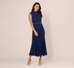 Sleeveless Mock Neck Pearly Midi Dress In Navy Sateen 2