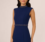 Sleeveless Mock Neck Pearly Midi Dress In Navy Sateen 3