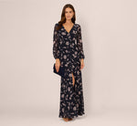 Long Sleeve Floral Chiffon Maxi Dress In Navy Blush 1