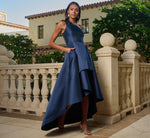 One Shoulder Draped Mikado High Low Gown In Midnight 1