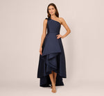 One Shoulder Draped Mikado High Low Gown In Midnight 3