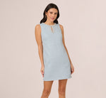 Sleeveless Tweed Beaded Keyhole Shift Dress In Light Blue 3