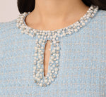 Sleeveless Tweed Beaded Keyhole Shift Dress In Light Blue 5