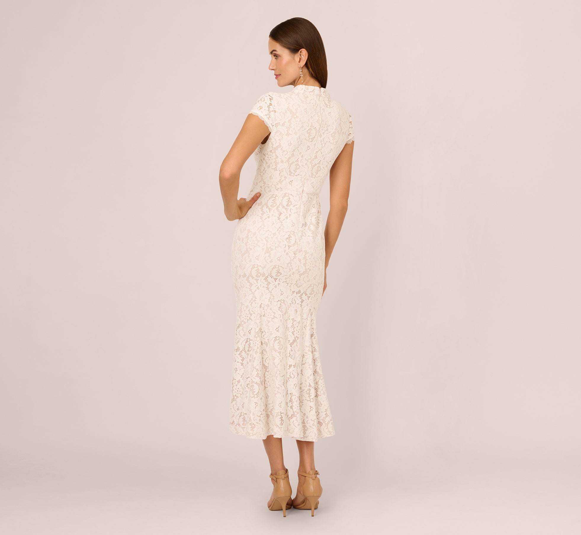 chinese dress ladies Cap Sleeve Lace Midi Dress In Ivory Nude