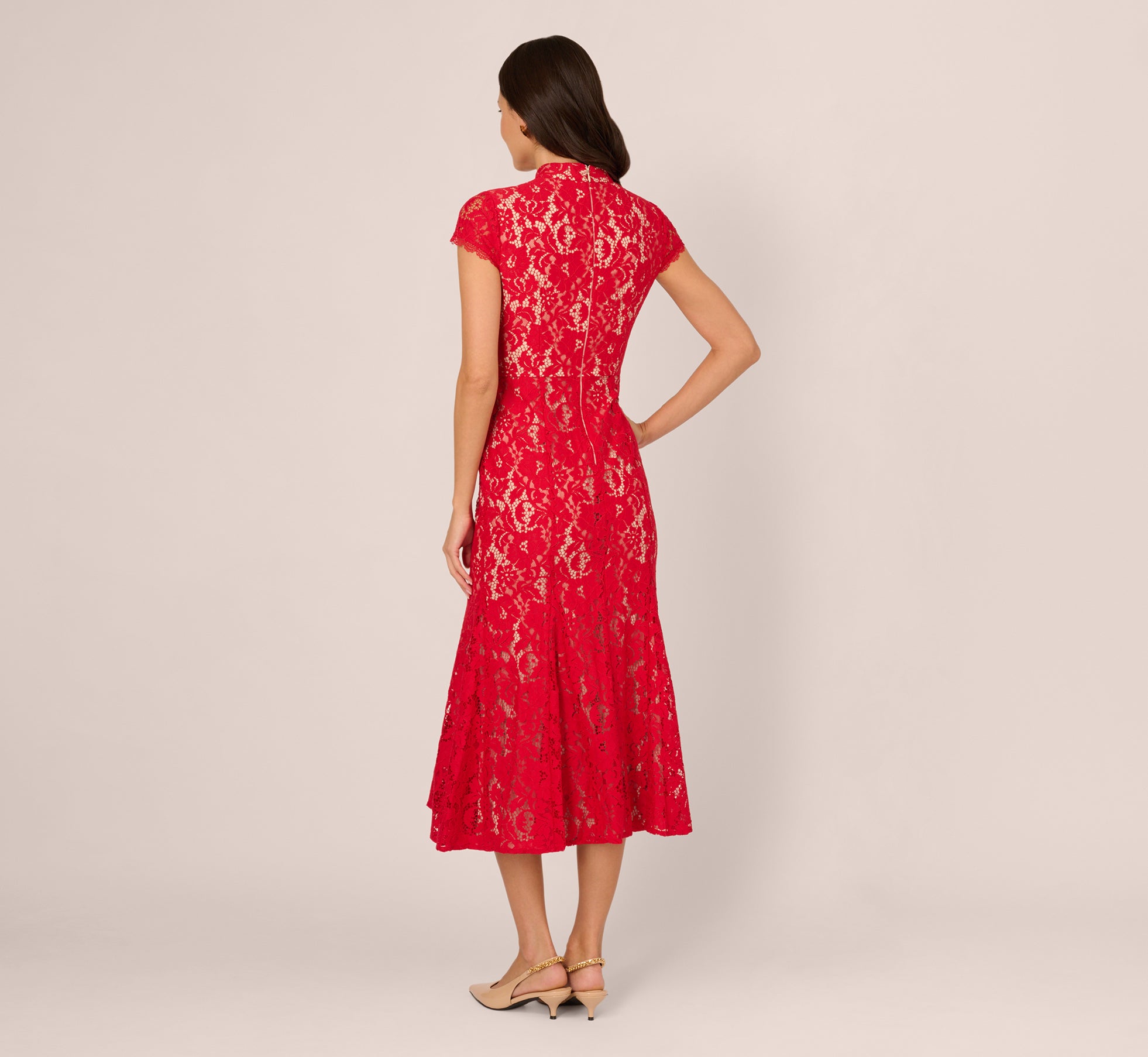 Cap Sleeve Lace Midi Dress In Red Nude Cap Sleeve Lace Midi Dress In Red Nude