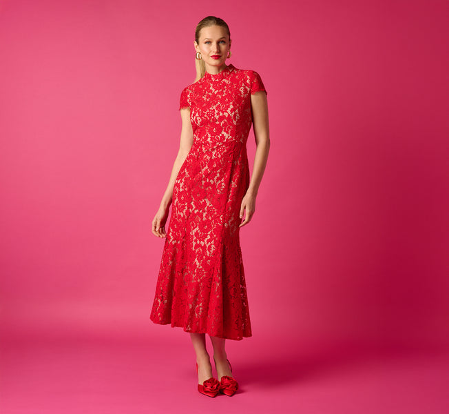 Cap Sleeve Lace Midi Dress In Red Nude