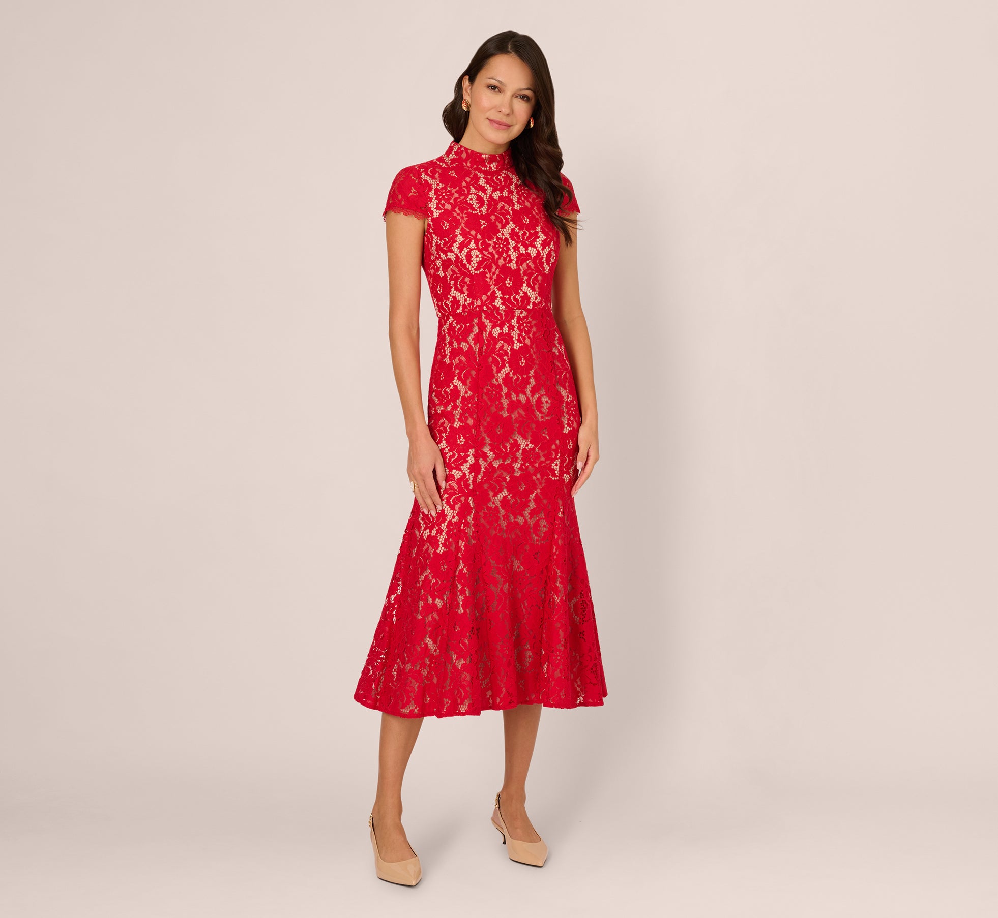Cap Sleeve Lace Midi Dress In Red Nude - Adrianna Papell