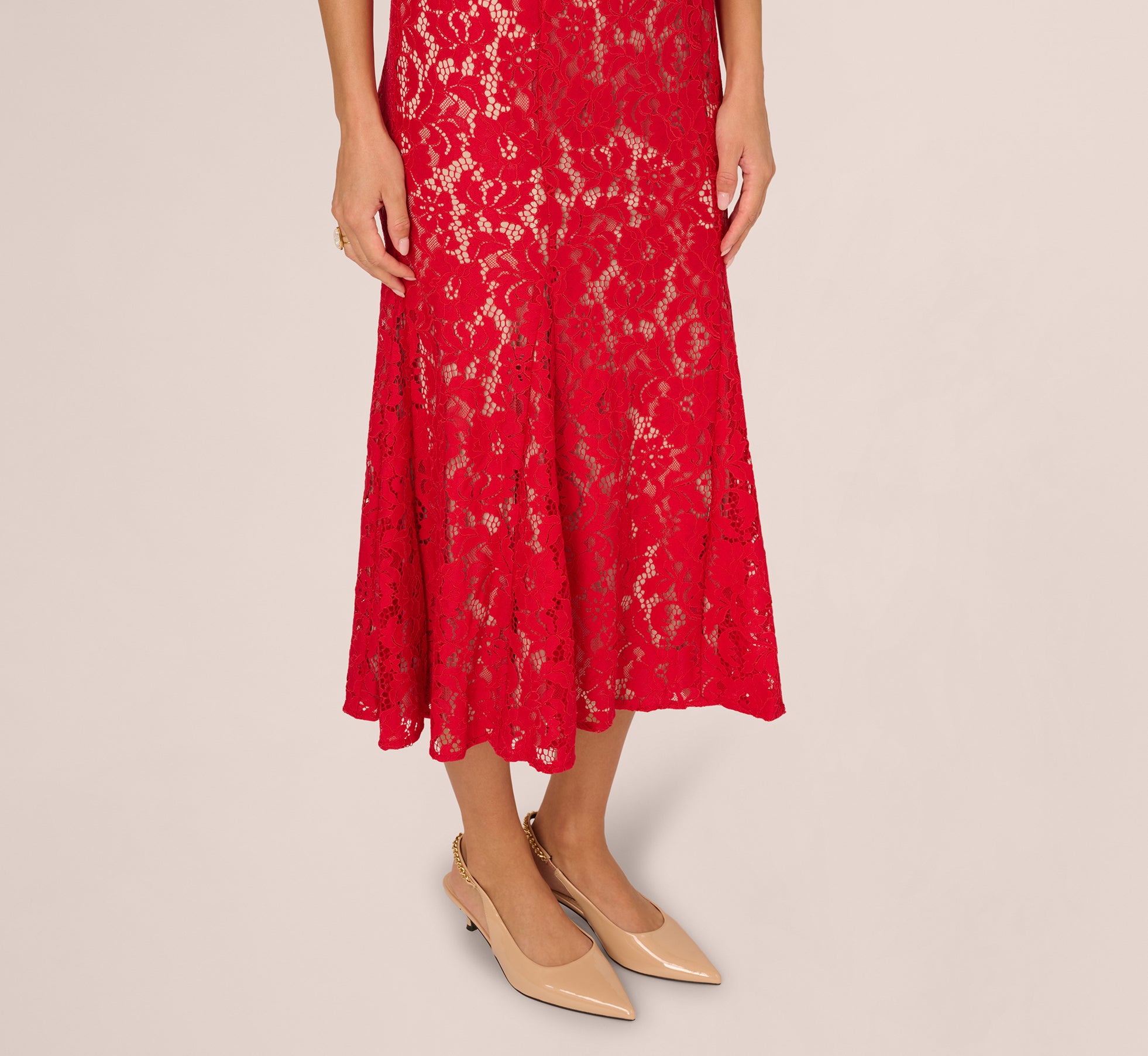 RED Cap Sleeve Lace Midi Dress