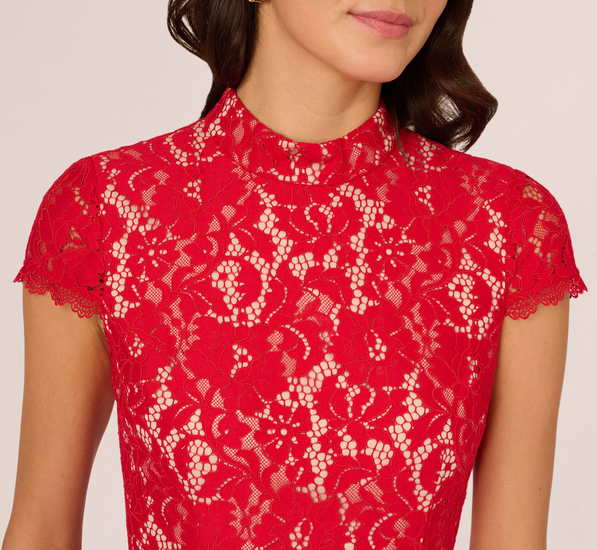 Red Nude Cap Sleeve Lace Midi Dress - Adrianna Papell