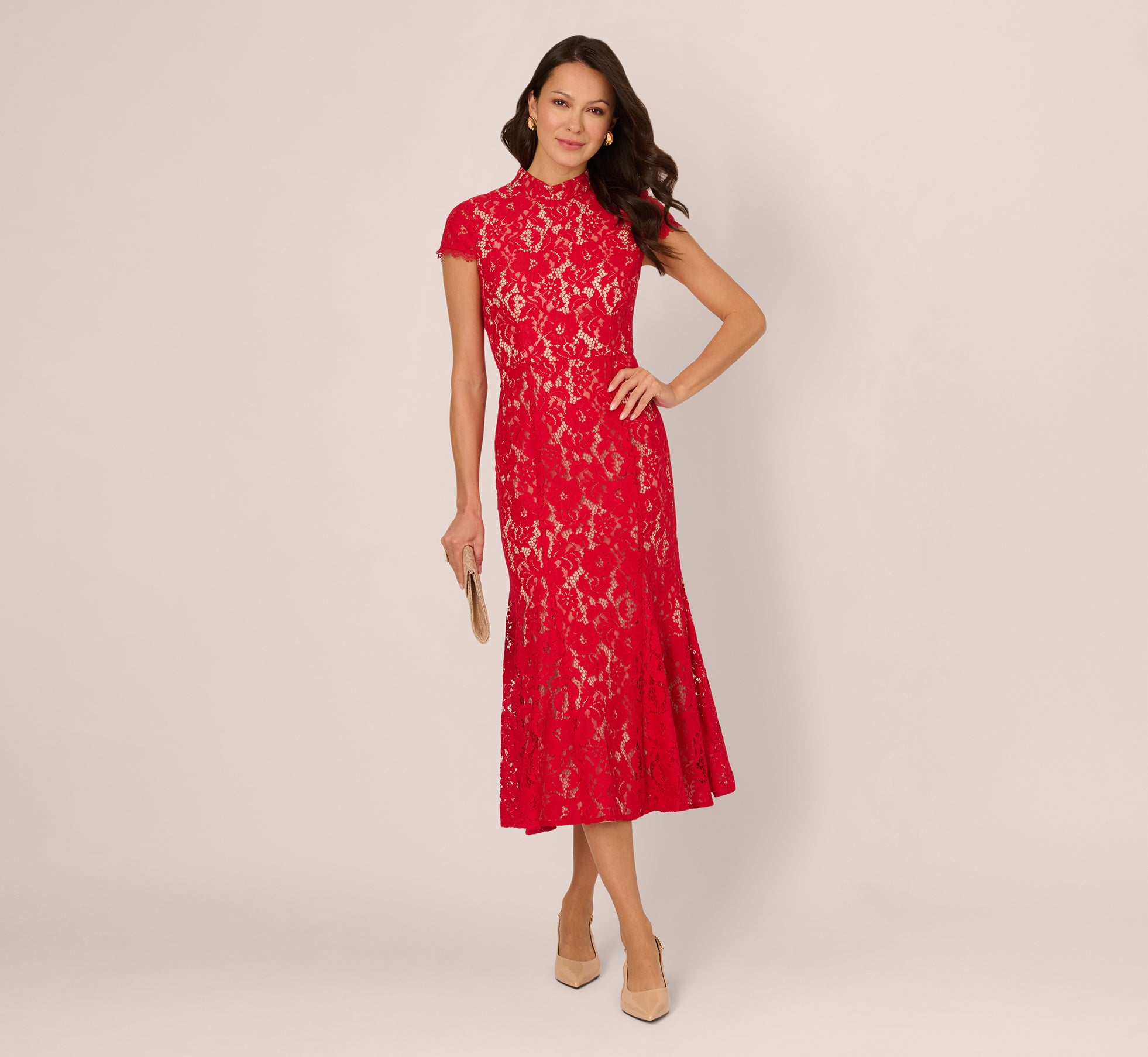 Cap Sleeve Lace Midi Dress In Red Nude 1
