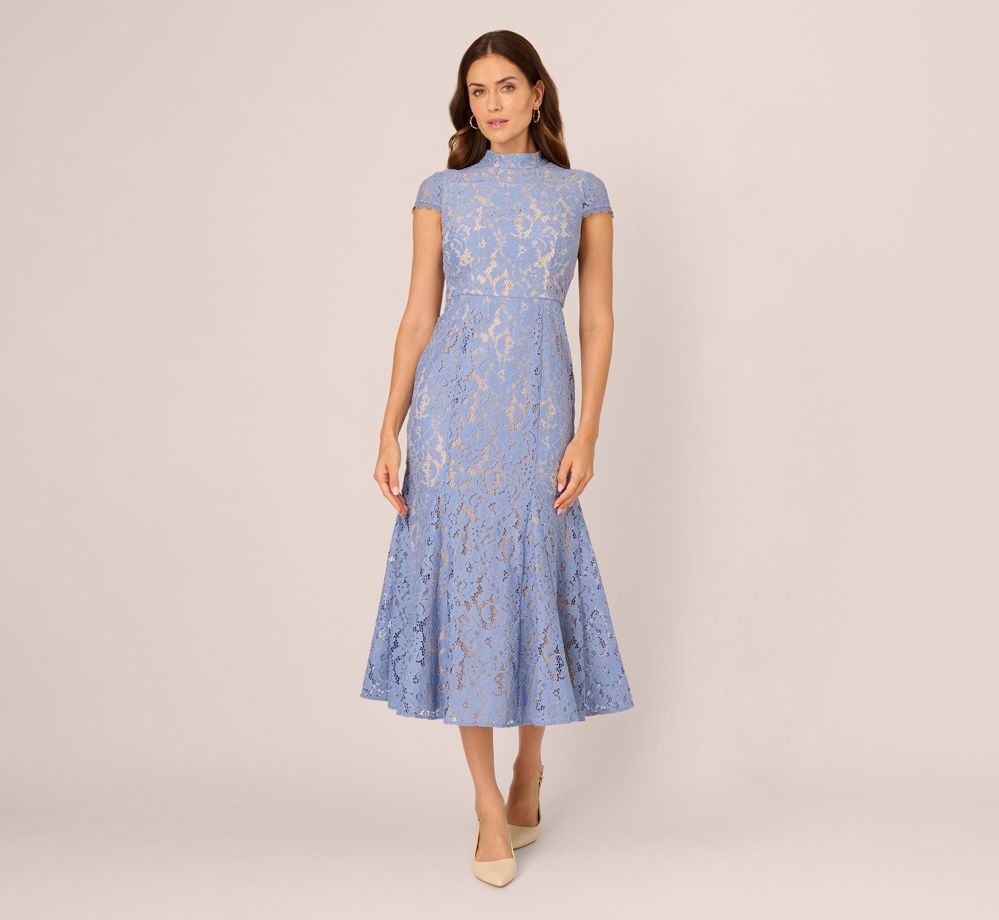 Cap Sleeve Lace Midi Dress In French Blue Nude - Adrianna Papell
