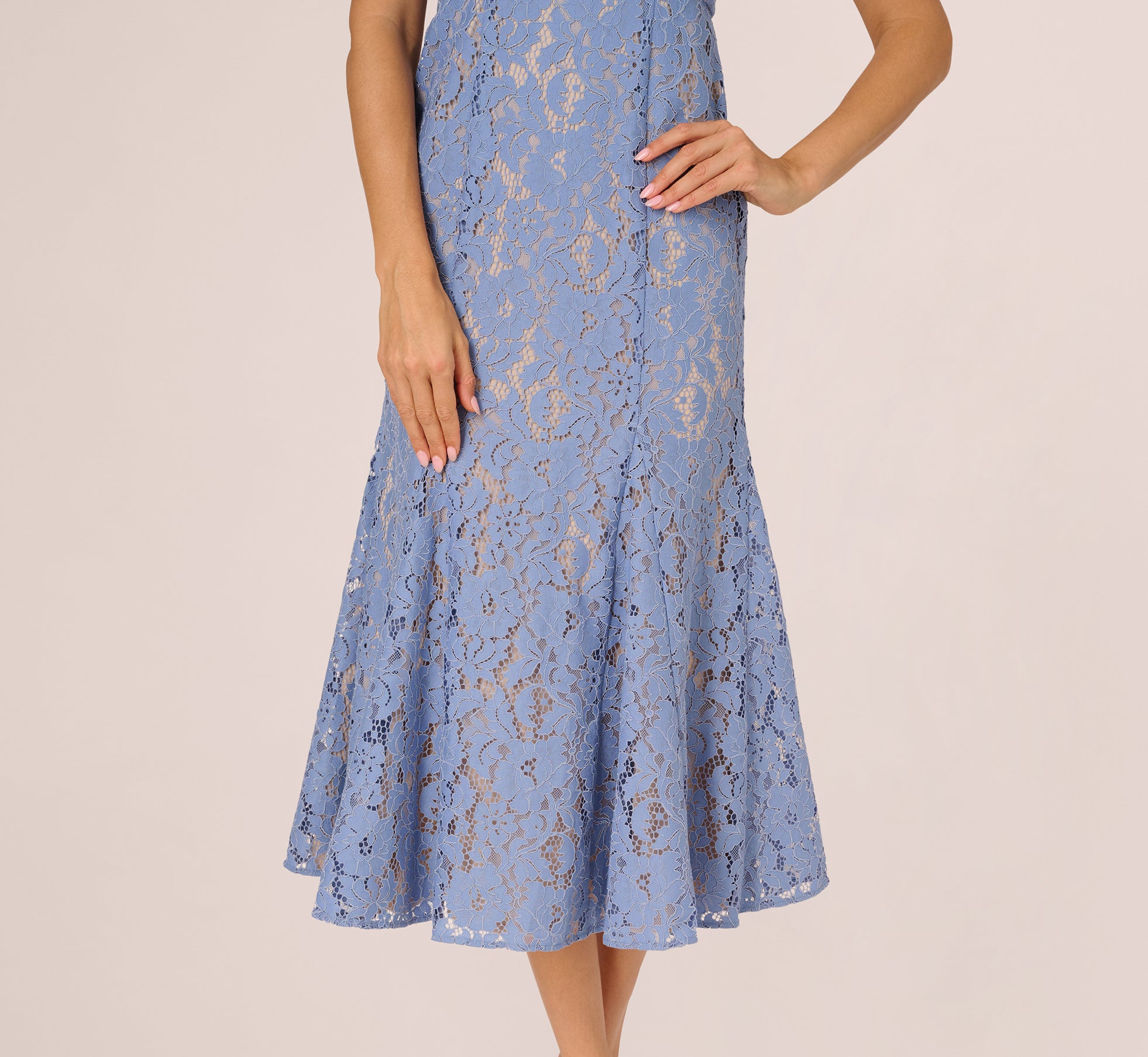 French Blue Nude Cap Sleeve Lace Midi Dress - Adrianna Papell French Blue Nude Cap Sleeve Lace Midi Dress - Adrianna Papell