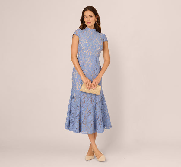 Cap Sleeve Lace Midi Dress In French Blue Nude