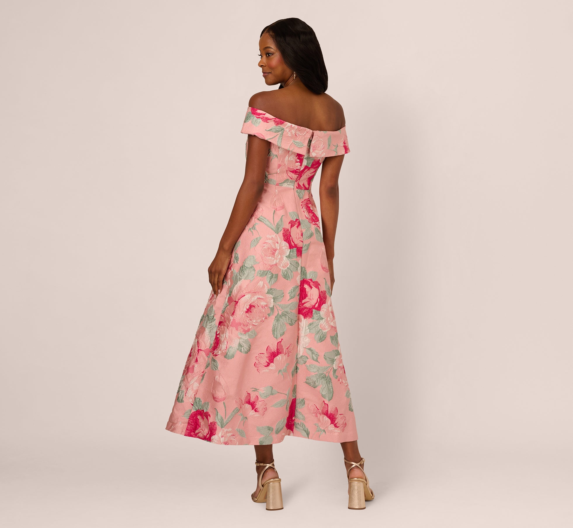 Off Shoulder Floral Jacquard Fit And Flare Gown In Pink Off Shoulder Floral Jacquard Fit And Flare Gown In Pink