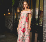 Off Shoulder Floral Jacquard Fit And Flare Gown In Pink Multi 1