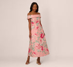 Off Shoulder Floral Jacquard Fit And Flare Gown In Pink Multi 3