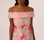 Off Shoulder Floral Jacquard Fit And Flare Gown In Pink Multi 4