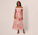 Off Shoulder Floral Jacquard Fit And Flare Gown In Pink Multi 2